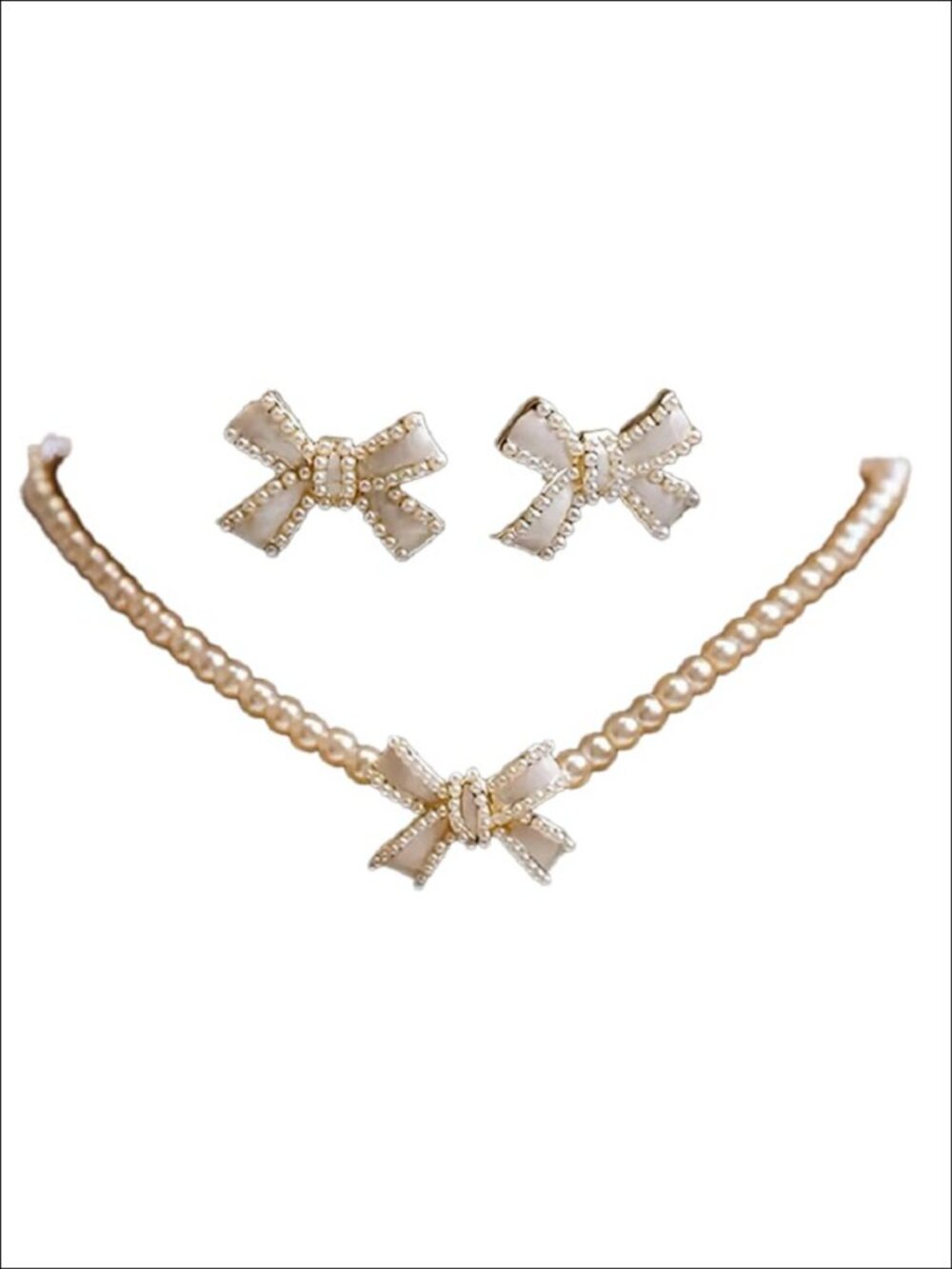 Pearl Bow Necklace Earring Set Gold Plated Cubic Zirconia Hypoallergenic